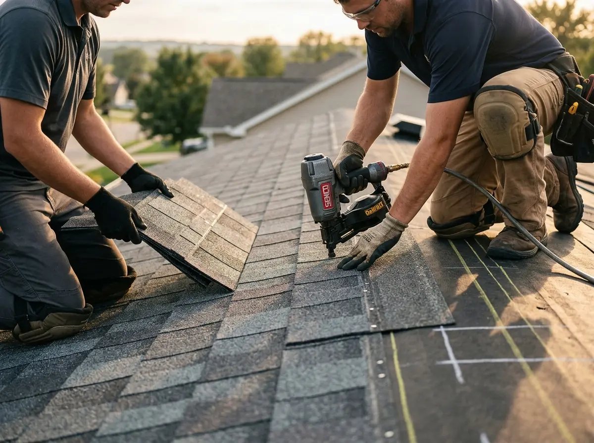 Professional roofer working on a residential roof in Winthrop